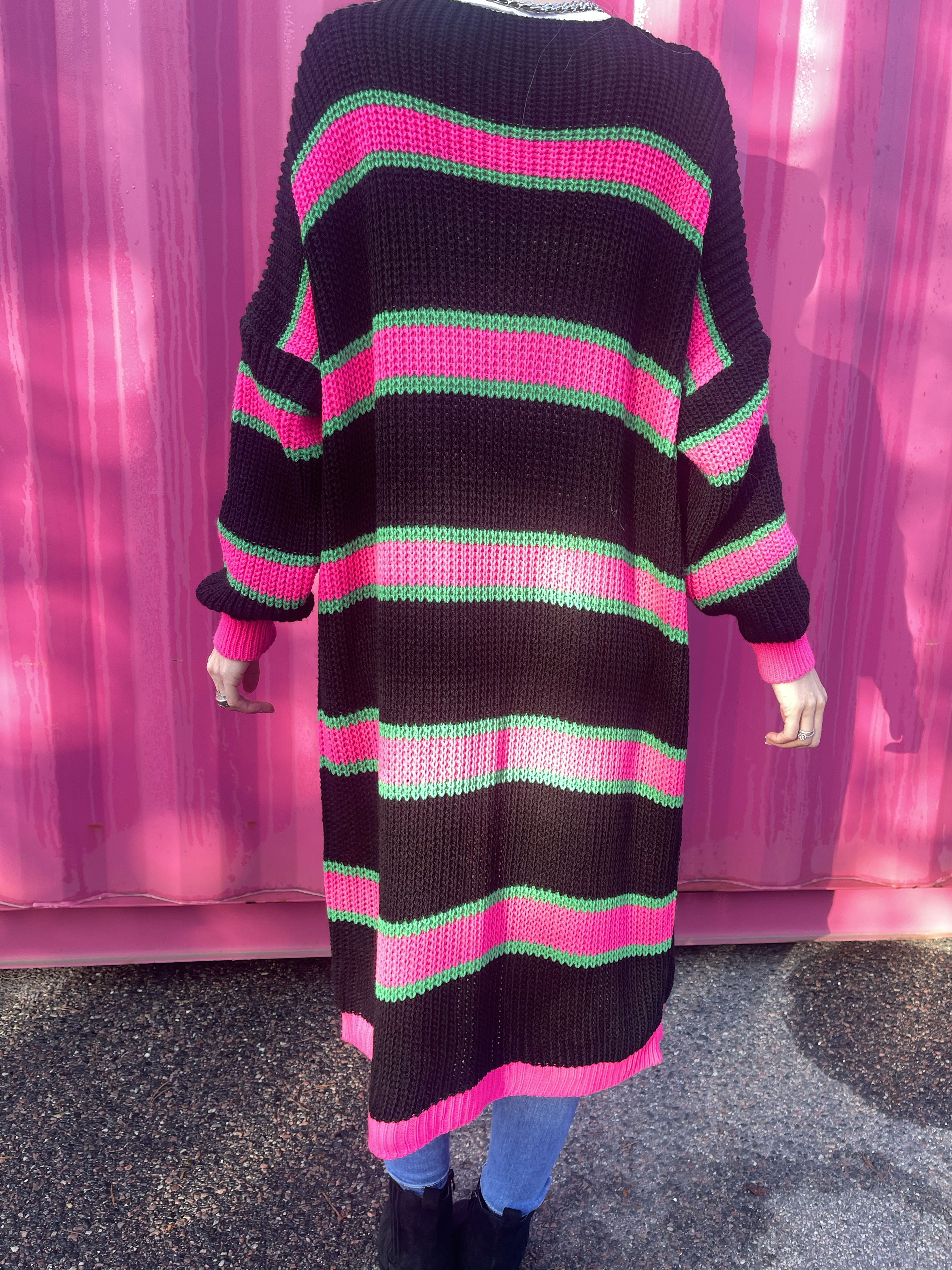 Belle - Lang strikcardigan med farvede striber